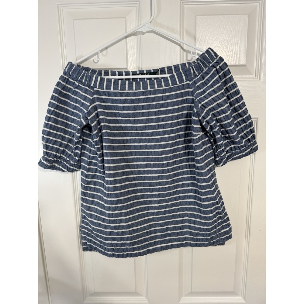 Ralph Lauren Womens Puff Sleeve Stripe Shirt Blue White Size Small